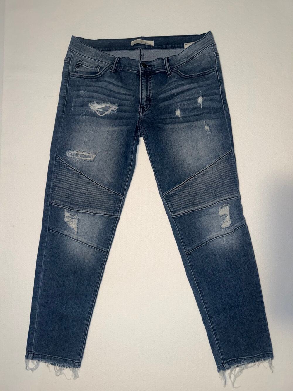 Kancan women’s distressed moto ankle raw hem blue jeans - Picture 1 of 15